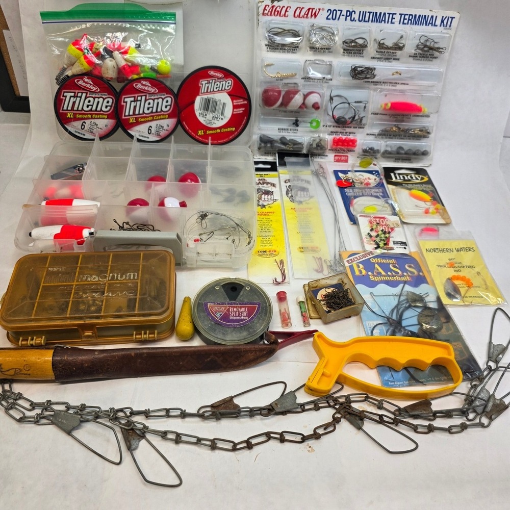 Fishing Tackle Kit Assortment Hooks Weights Floats Swivels Line, new and old‎
